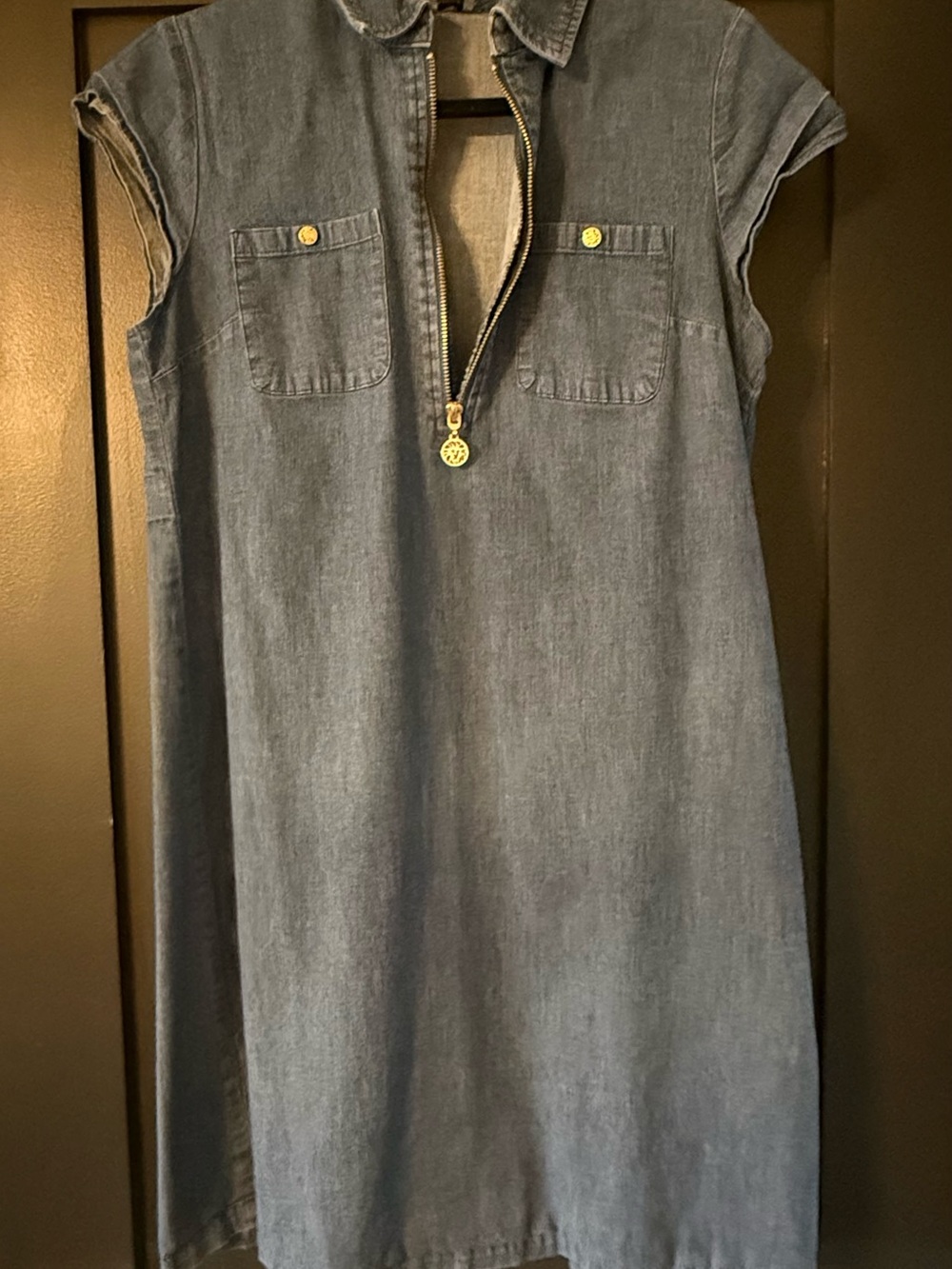 Anne Klein Chambray Zip-Front Shift Dress in Denim Blue